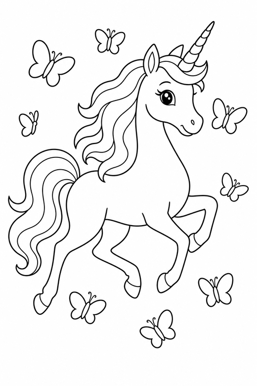 Slender unicorn galloping with butterflies, color online