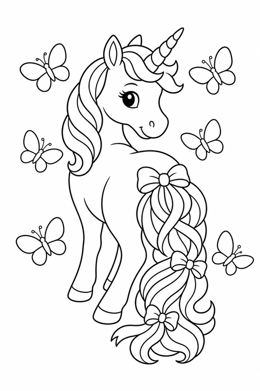 Ribboned unicorn looking back, color online