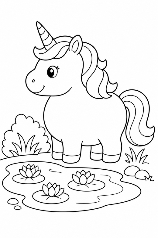 Chubby unicorn standing by a pond, color online