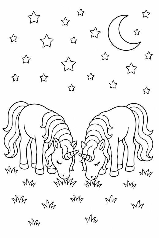 Two unicorns grazing under the stars, color online