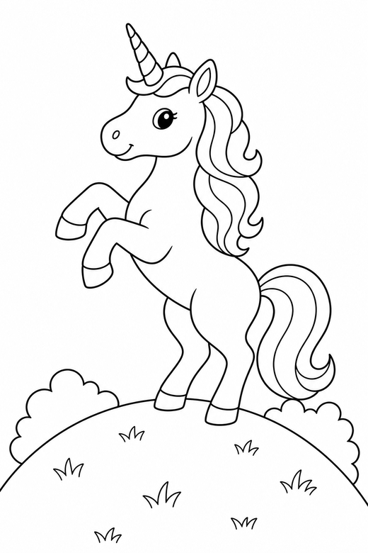 Unicorn rearing up on a hilltop, color online