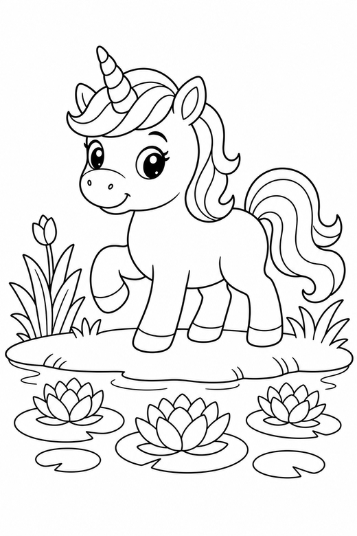 Pony unicorn prancing by a pond, color online