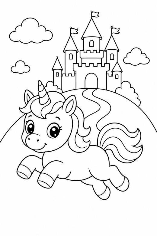 Baby unicorn leaping near a castle, color online