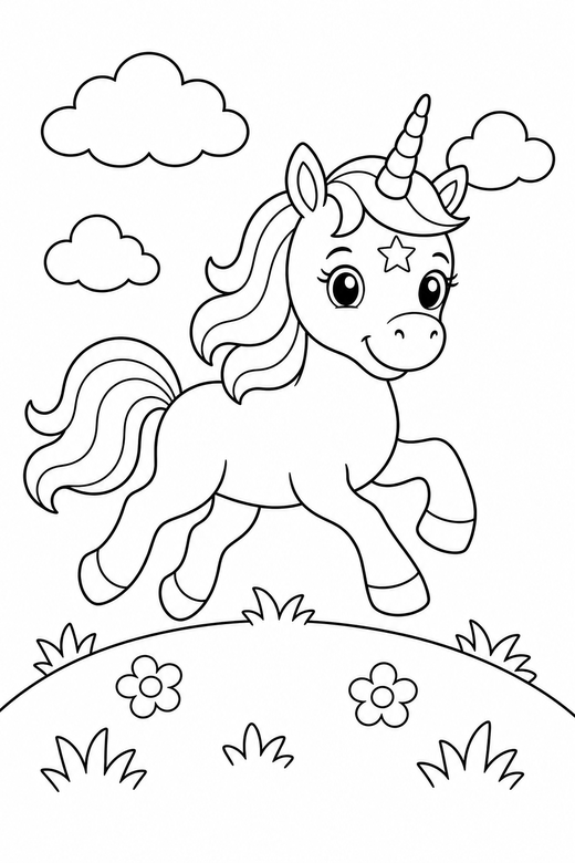 Star-marked unicorn galloping on a hilltop, color online