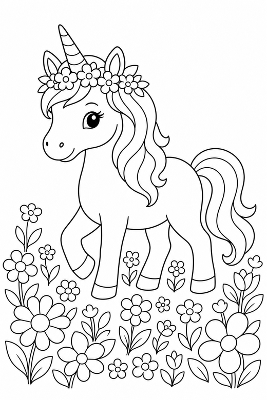 Flower-crown unicorn walking, color online