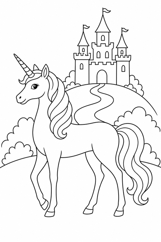 Slender unicorn standing near a castle, color online