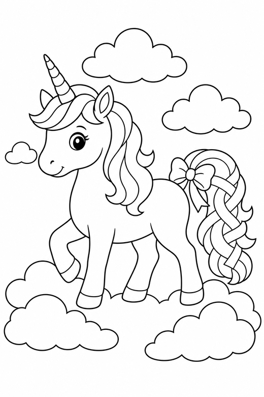 Ribboned unicorn walking among clouds, color online