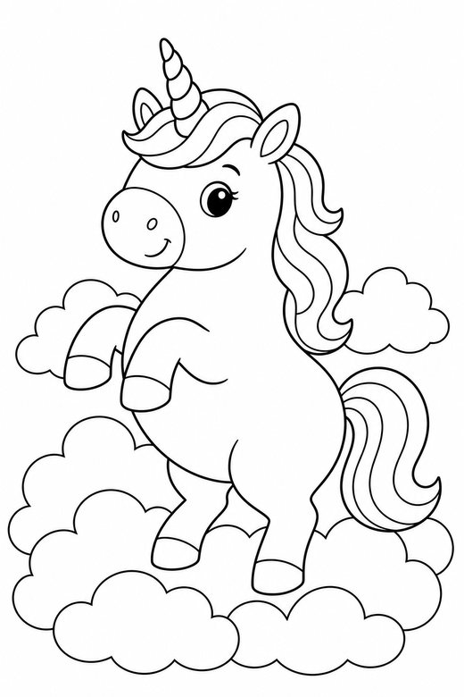 Chubby unicorn rearing up among clouds, color online