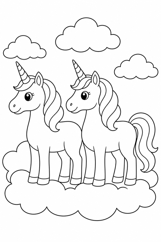 Two unicorns standing among clouds, color online