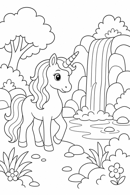 Unicorn walking by a waterfall, color online