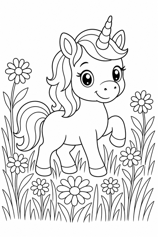 Baby unicorn prancing in tall grass, color online