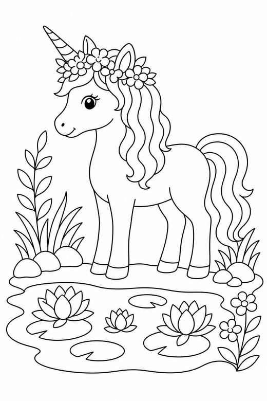 Flower-crown unicorn standing by a pond, color online
