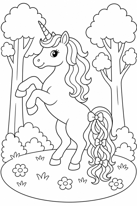 Ribboned unicorn rearing up, color online