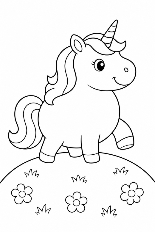 Chubby unicorn walking on a hilltop, color online