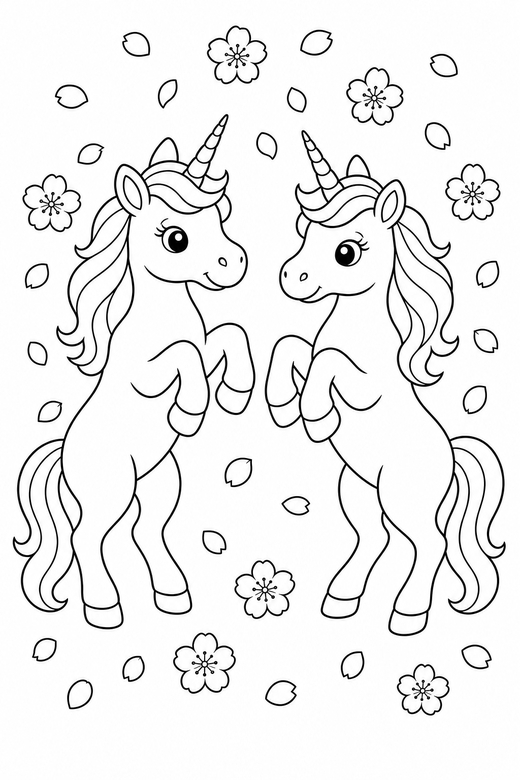 Two unicorns rearing up with falling petals, color online