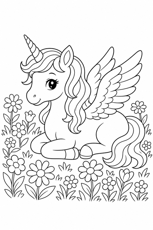 Winged unicorn lying down in a flower meadow, color online