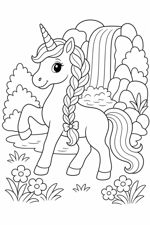 Braided-mane unicorn prancing by a waterfall, color online