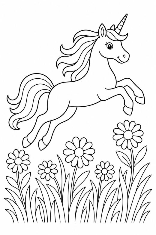 Slender unicorn leaping in tall grass, color online