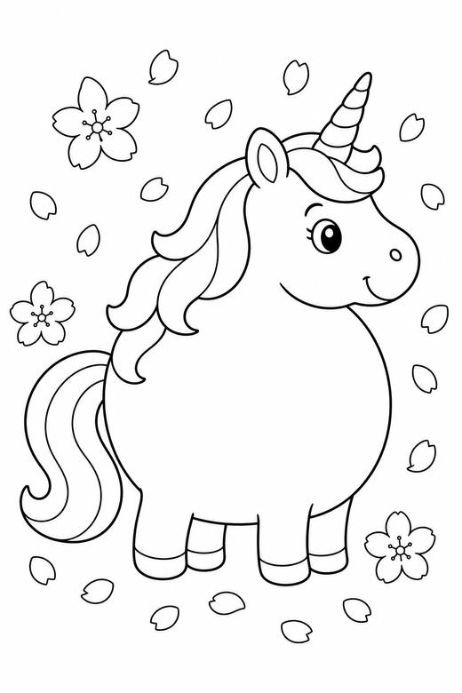 Chubby unicorn standing with falling petals, color online