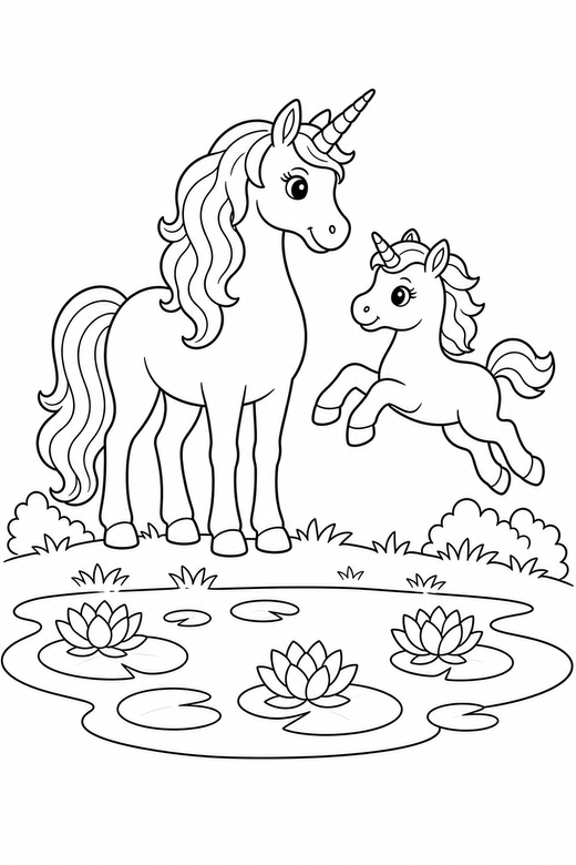 Unicorn and foal leaping by a pond, color online