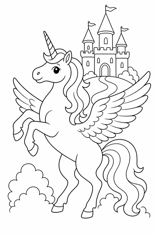 Winged unicorn rearing up near a castle, color online