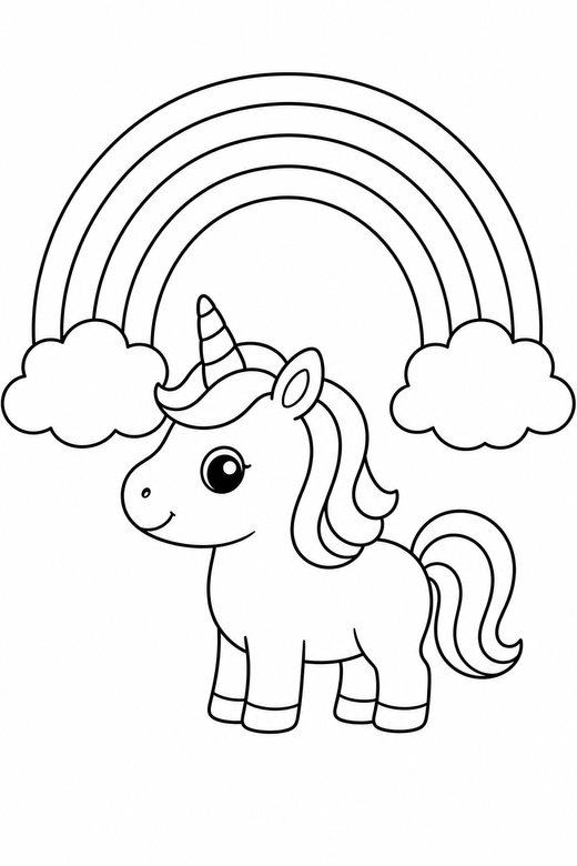 Baby unicorn standing under a rainbow, color online