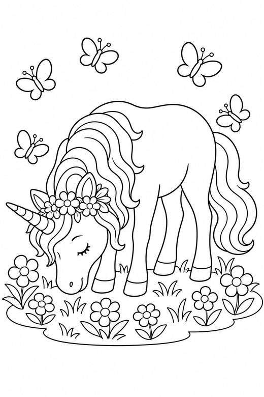 Flower-crown unicorn grazing, color online