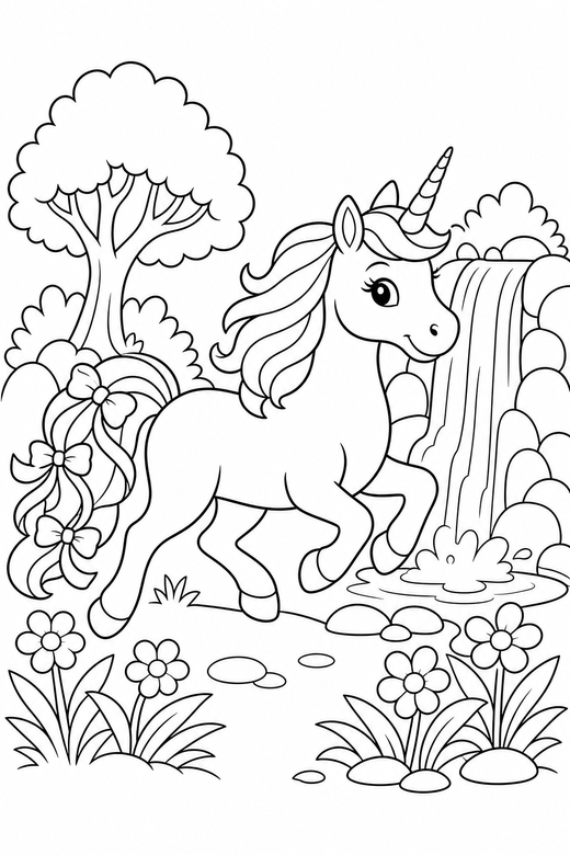 Ribboned unicorn galloping by a waterfall, color online