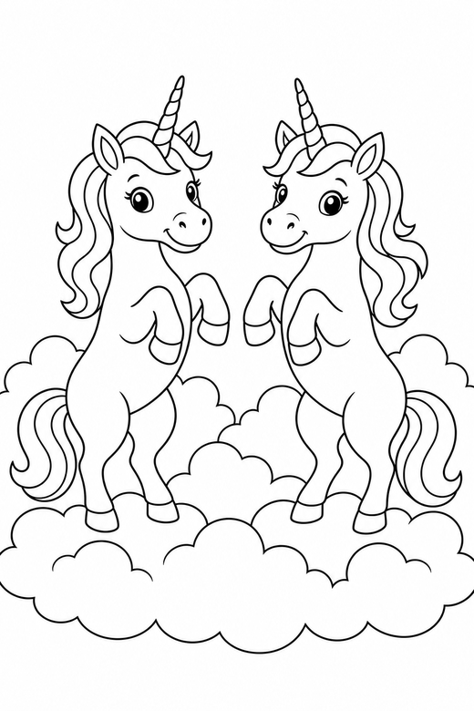 Two unicorns rearing up among clouds, color online