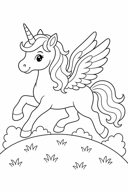 Winged unicorn galloping on a hilltop, color online