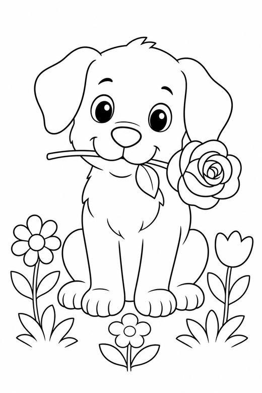 Puppy with a rose with flowers, color online
