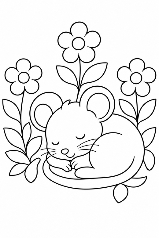 Mouse sleeping with flowers, color online