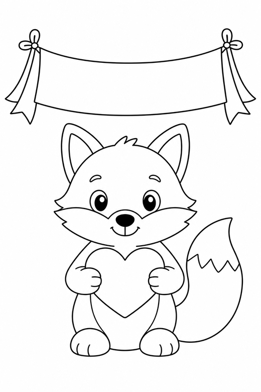 Fox holding a heart with a banner, color online