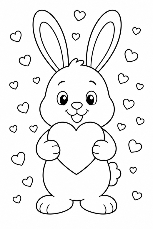 Bunny holding a heart with confetti, color online