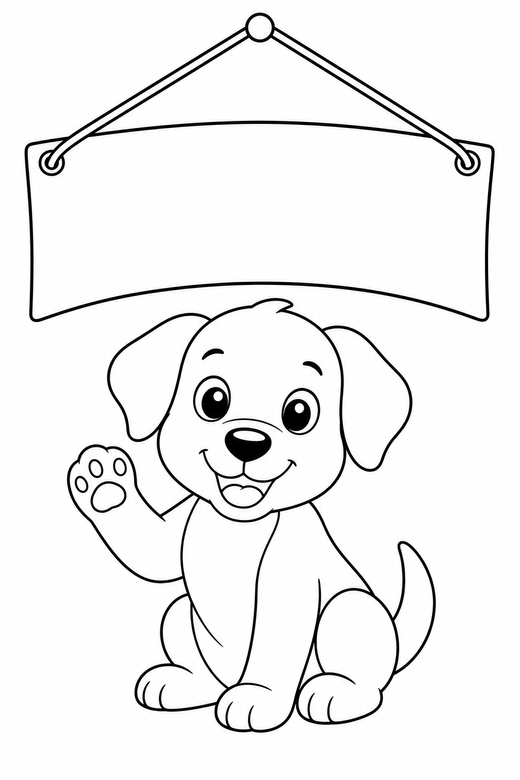 Puppy waving with a banner, color online