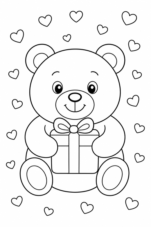 Teddy bear with a gift with confetti, color online