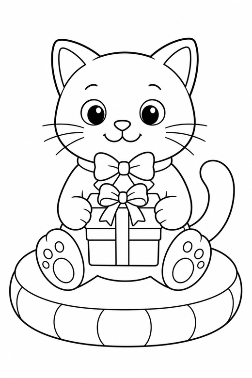 Cat with a gift on a cushion, color online