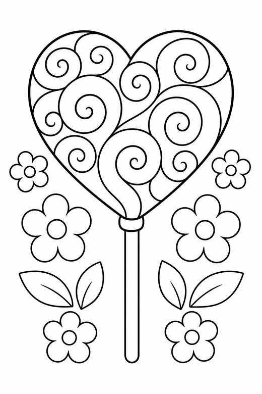 Heart lollipop with a swirl with flowers, color online