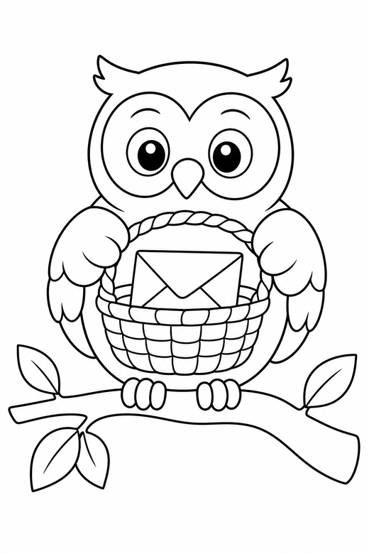 Owl with a letter in a basket, color online