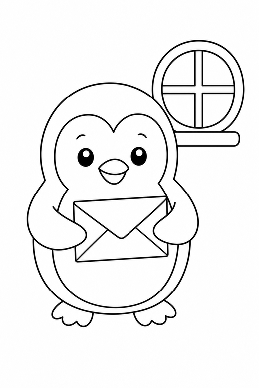 Penguin with a letter by a window, color online