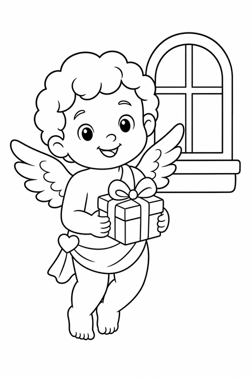 Cupid with a gift by a window, color online