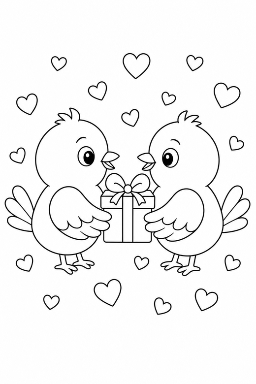 Love birds with a gift with confetti, color online