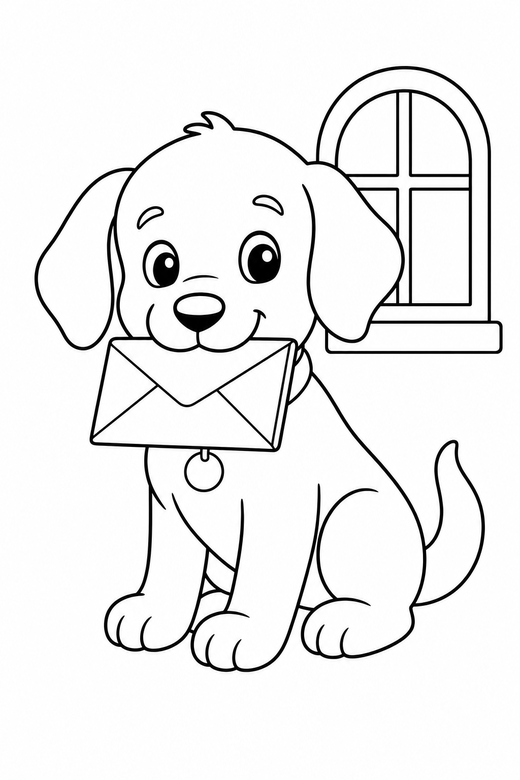 Puppy with a letter by a window, color online