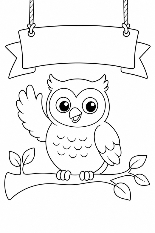Owl waving with a banner, color online