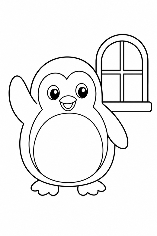 Penguin waving by a window, color online