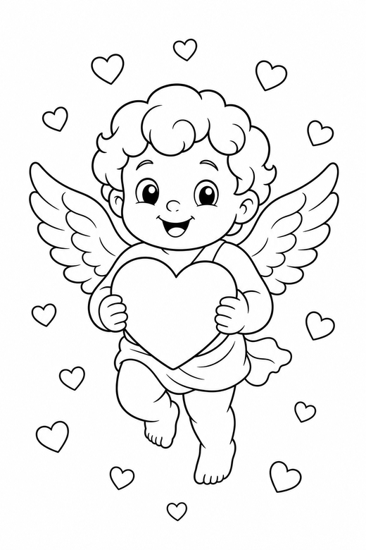 Cupid holding a heart with confetti, color online