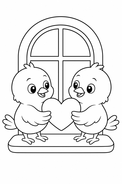 Love birds holding a heart by a window, color online