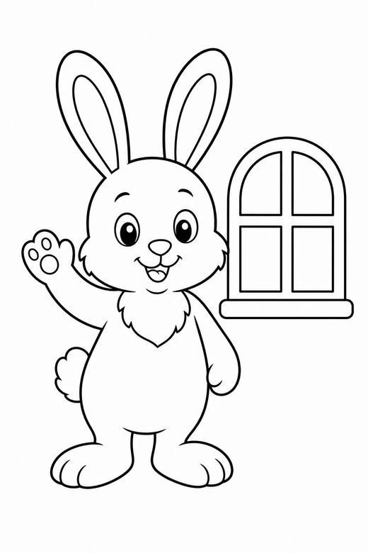 Bunny waving by a window, color online