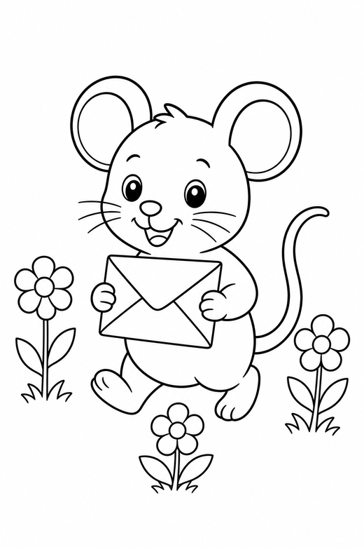 Mouse with a letter with flowers, color online