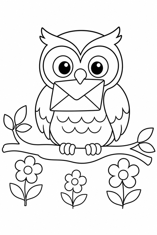 Owl with a letter with flowers, color online